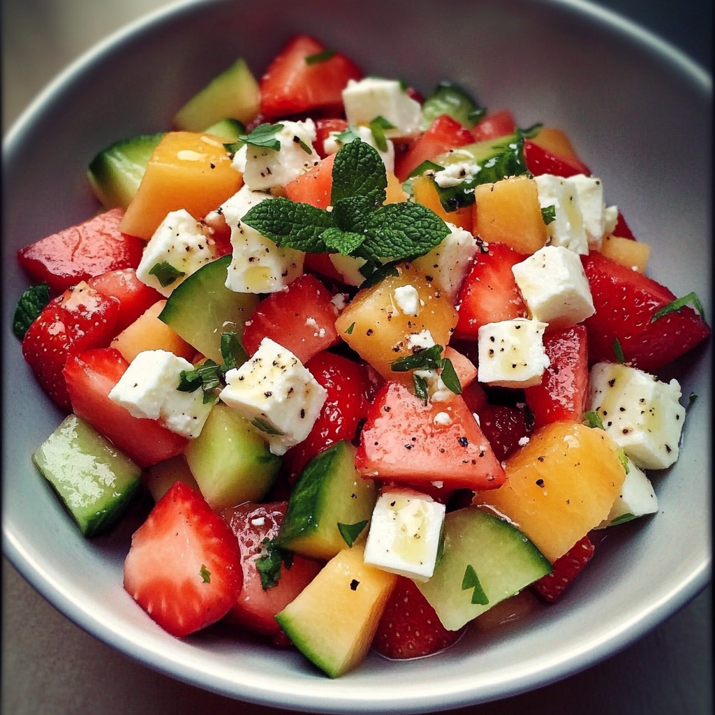 salade de fraises, melon, concombre et fromage feta