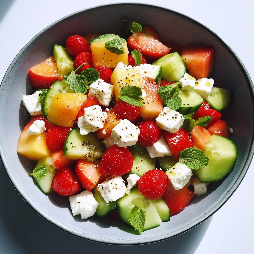 salade de fraises, melon, concombre et fromage feta