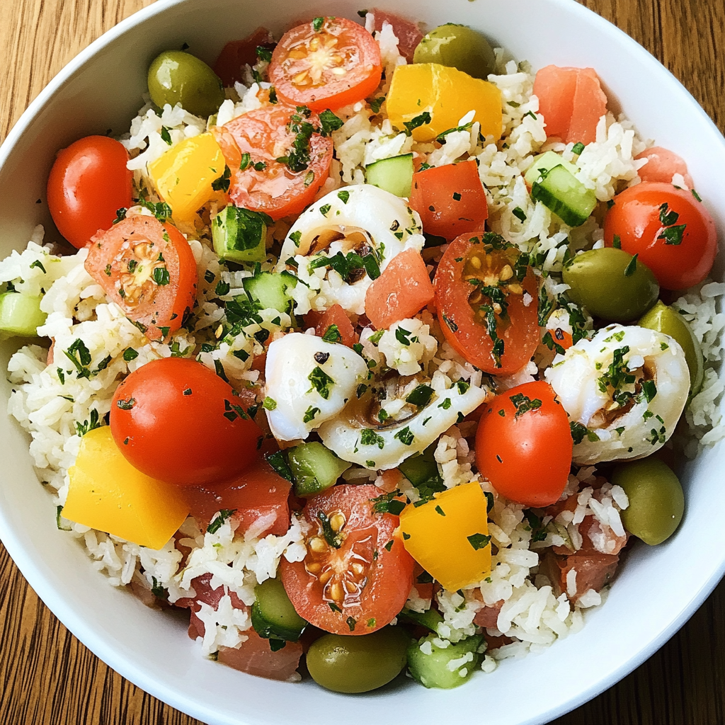 salade de riz thon maïs tomate œuf et olives