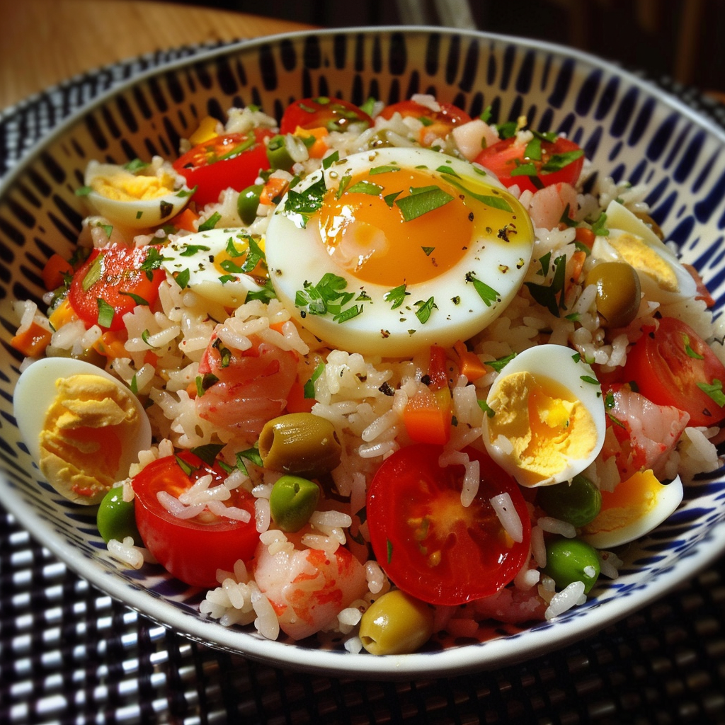 salade de riz thon maïs tomate œuf et olives